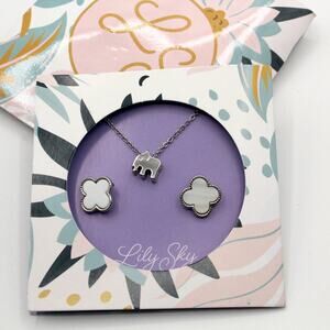 Lily Sky Elephant Necklace‎ & White Clover Stud Earrings Gift Set NEW